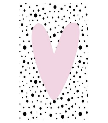Klein kaartje 5 bij 8,5 cm met tekst afbeelding roze hart/ zwart stippen