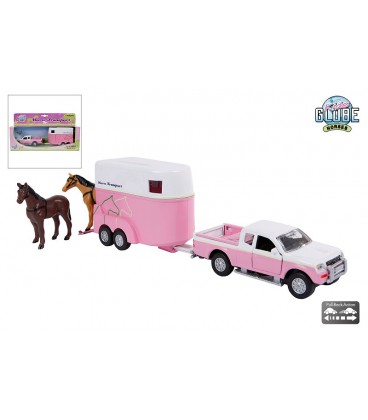 Kids Globe Die Cast pull back Mitsubishi met paardentrailer