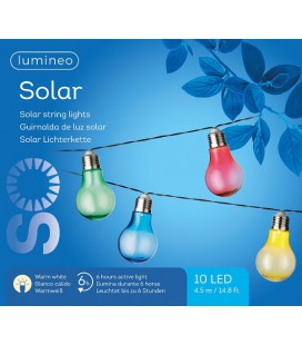 Lumineo LED Solar stringlights Kunststof 10 lampen multikleur Lengte 450cm. Brandt tot 6 uren.
