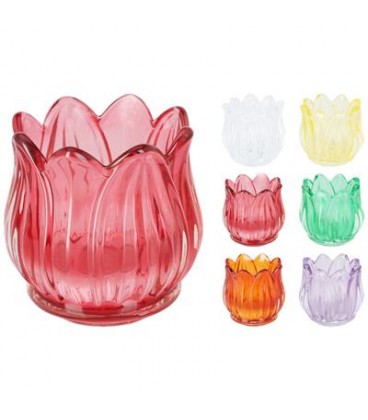 Tulp Theelichthouder Glas 6,9x6,7cm Assorti kleur / per 1 geleverd